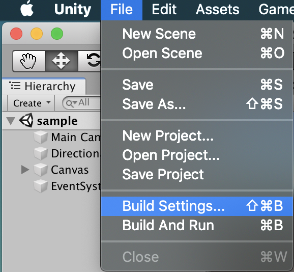 open build settings window