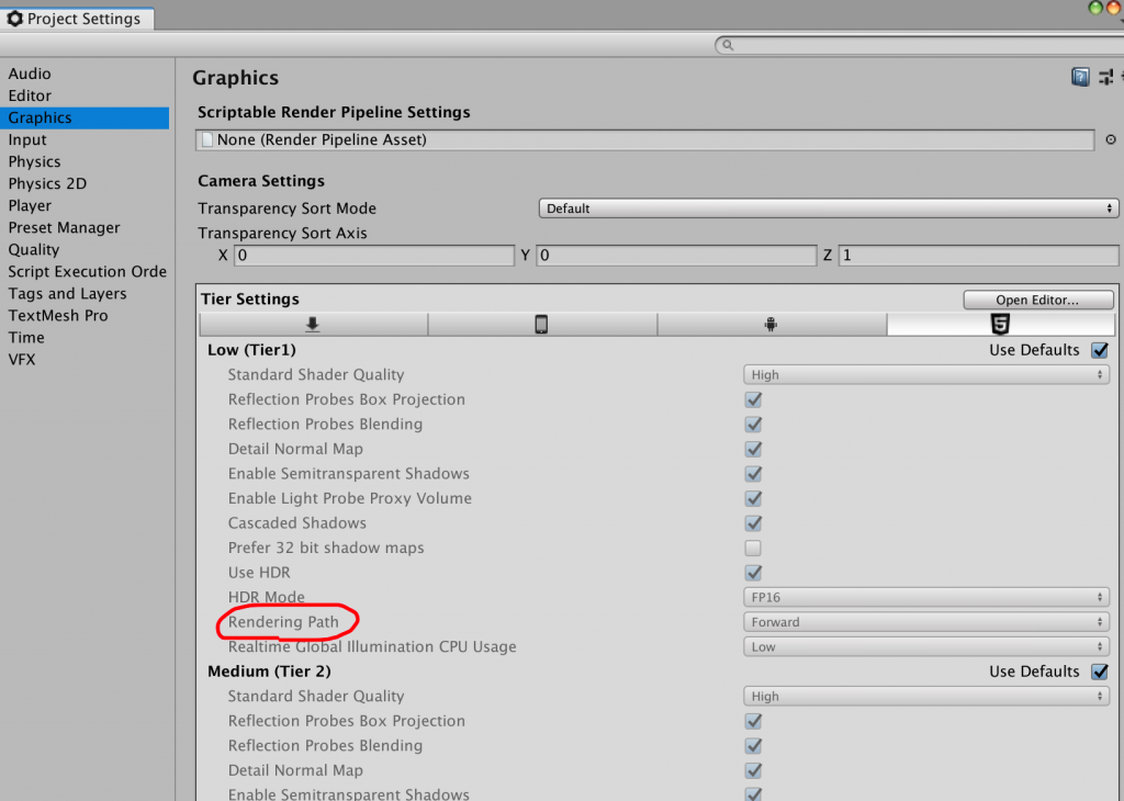 project settings rendering path