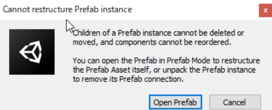 cannot restructure prefab instance