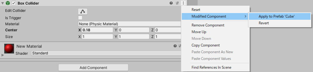 prefab modified component